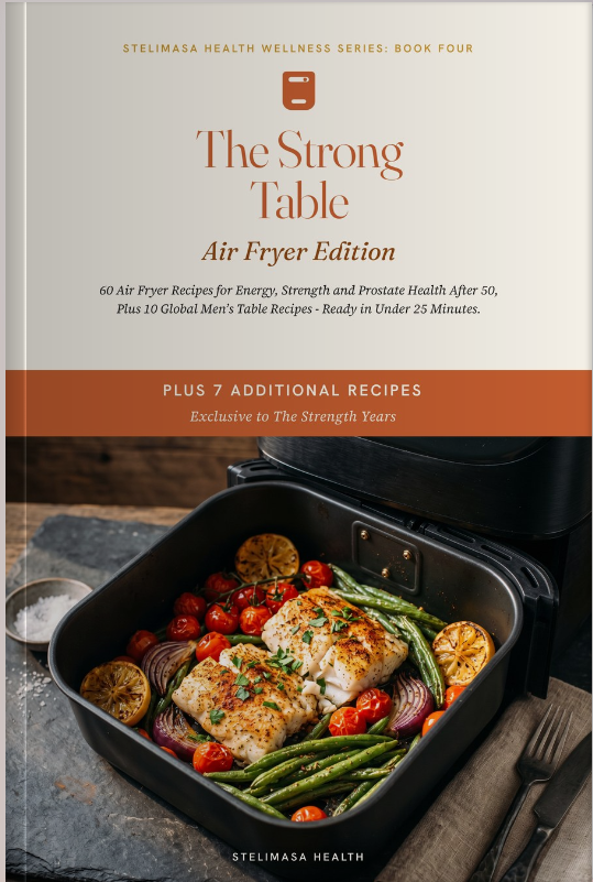 The Strong Table: Air Fryer Edition cover, featuring air-fried fish and vegetables