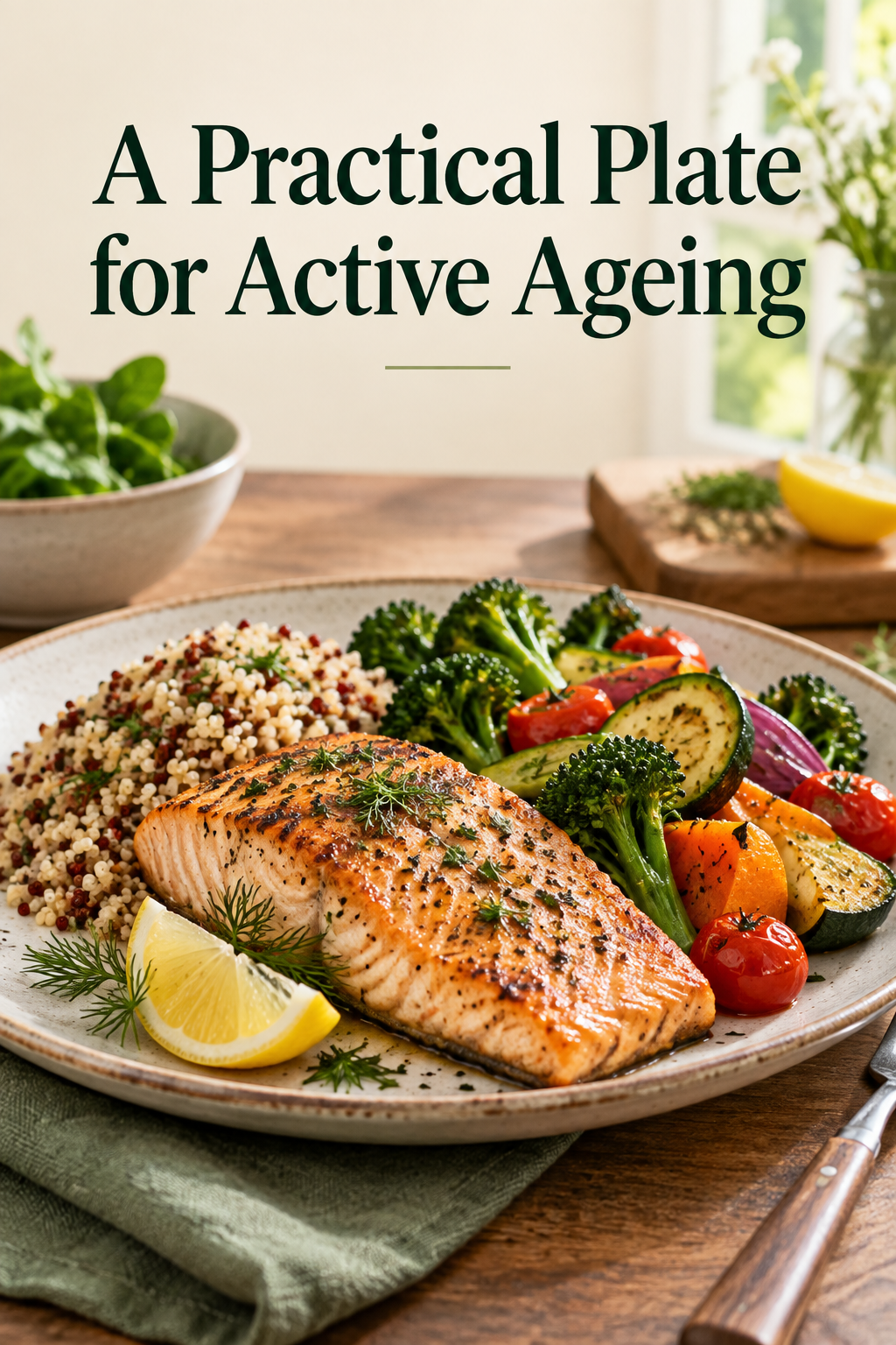 Salmon, whole grains and colourful vegetables beneath the words A Practical Plate for Active Ageing.