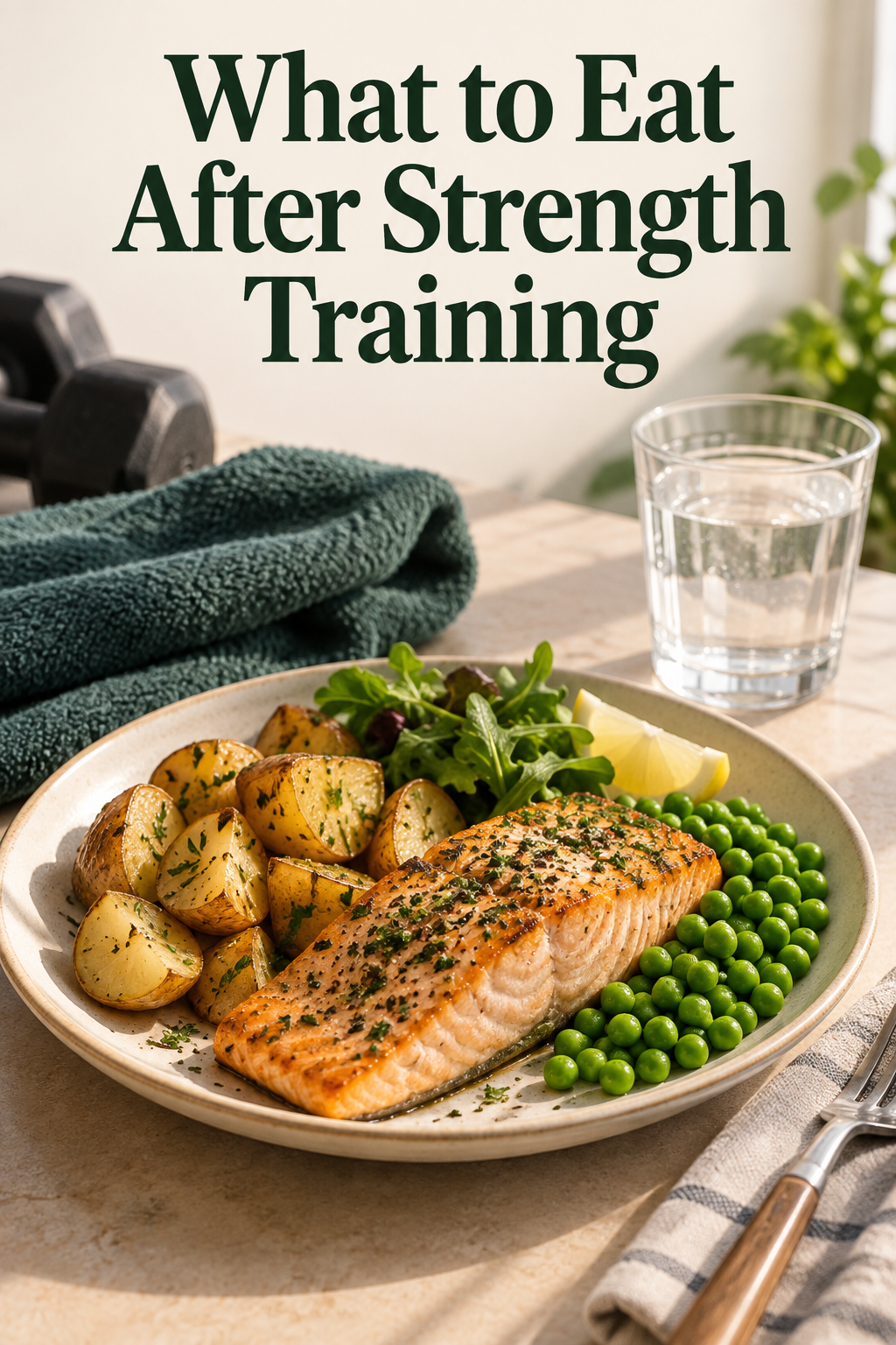 Salmon, potatoes and peas beside water and a gym towel beneath the words What to Eat After Strength Training.