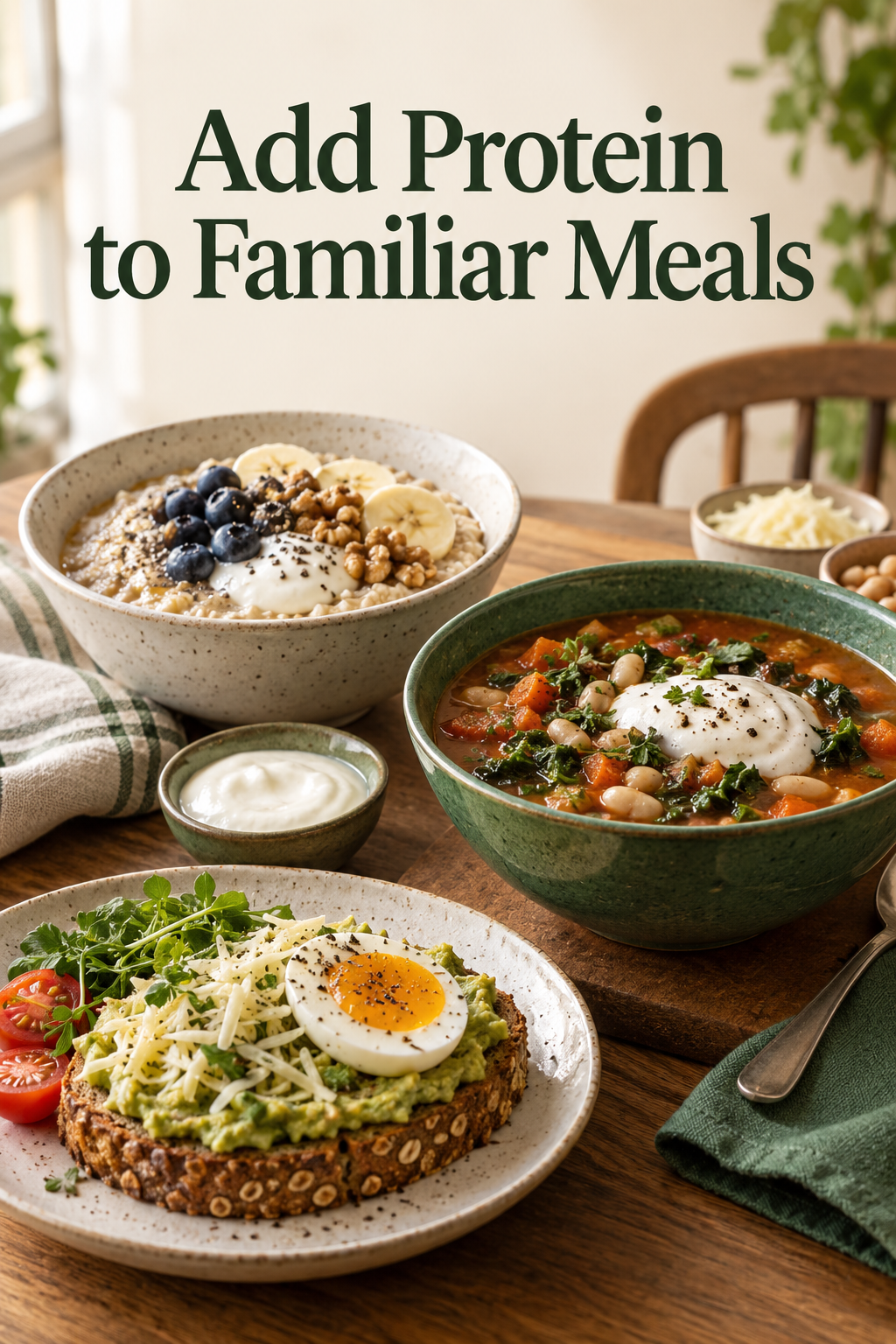 Porridge, bean soup and egg-topped toast beneath the words Add Protein to Familiar Meals.