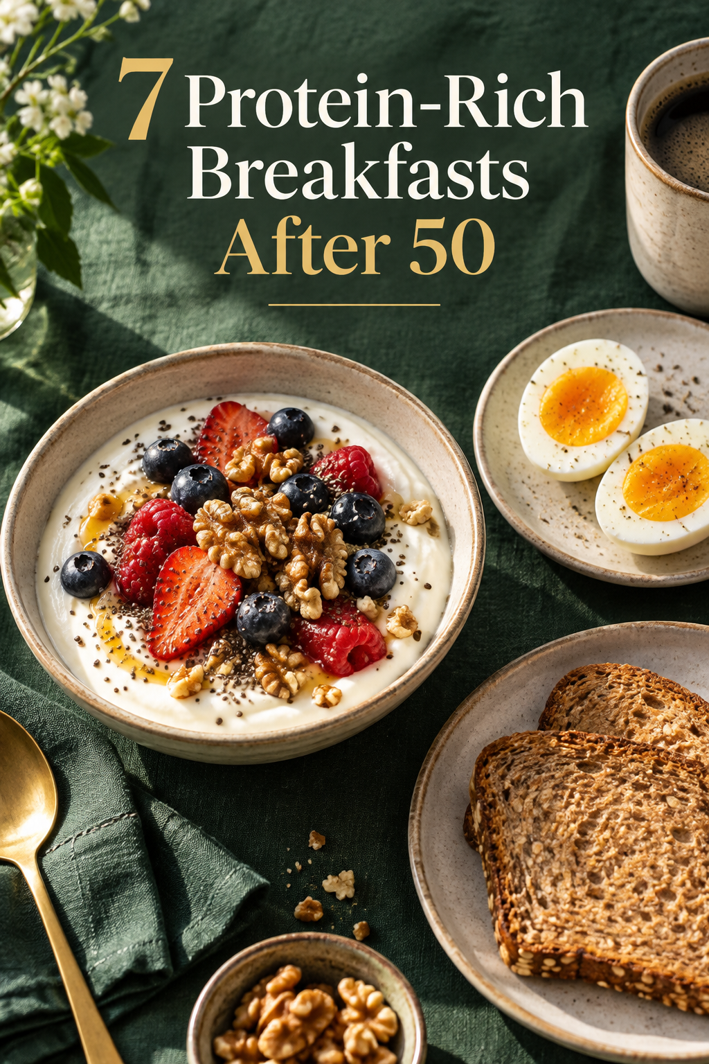 Greek yoghurt with berries and walnuts, boiled eggs and wholegrain toast on a breakfast table.