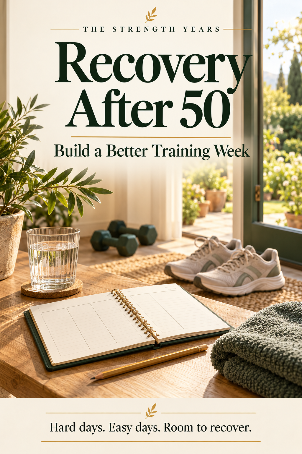 Weekly planner, walking trainers, water and resting weights for a balanced training week