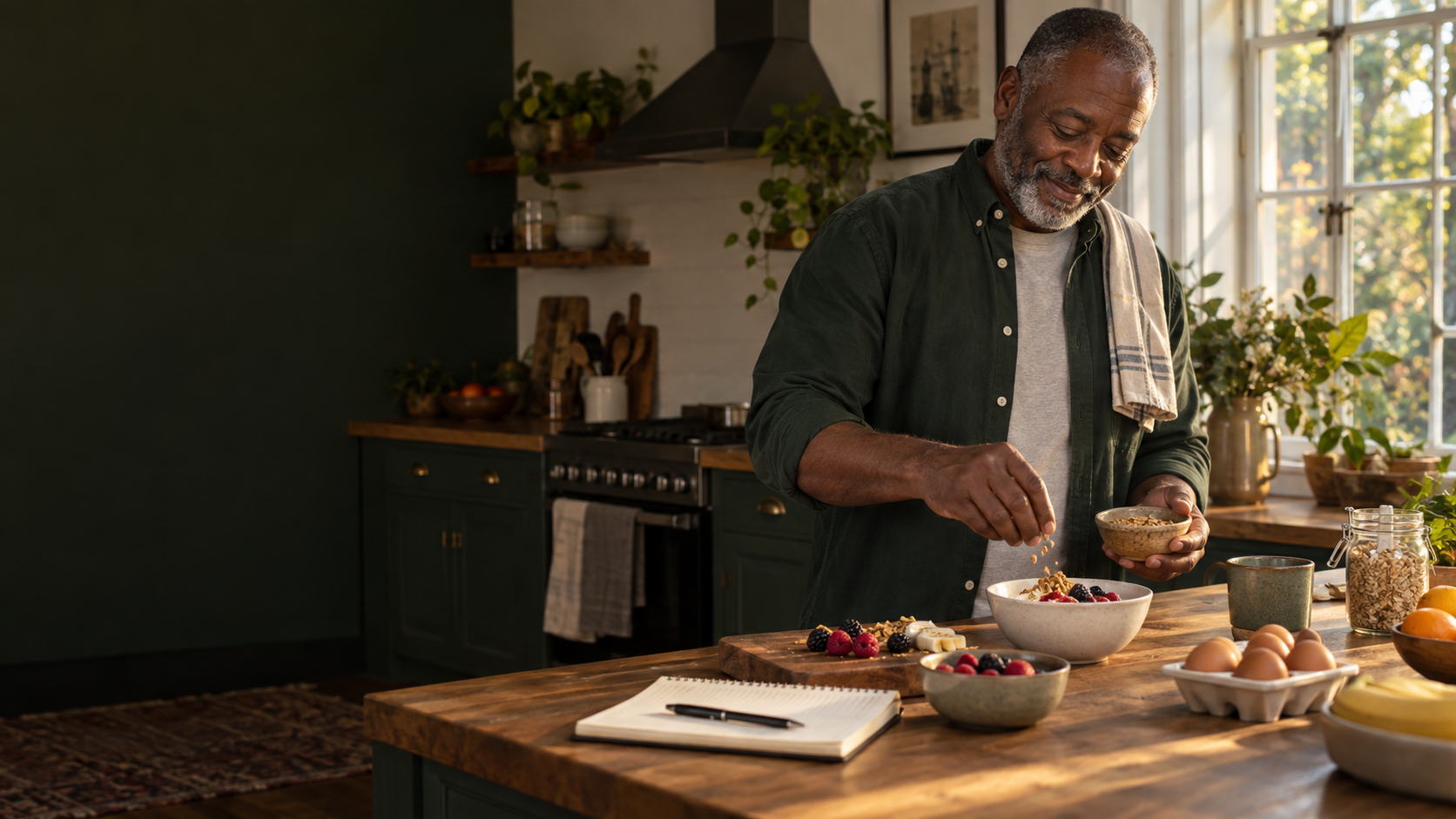 A man preparing a protein-rich breakfast in his kitchen